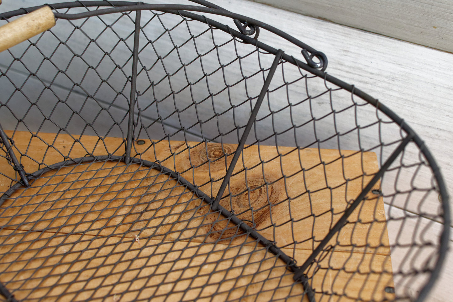French Vintage Wire Harvest Basket with Wooden Handle