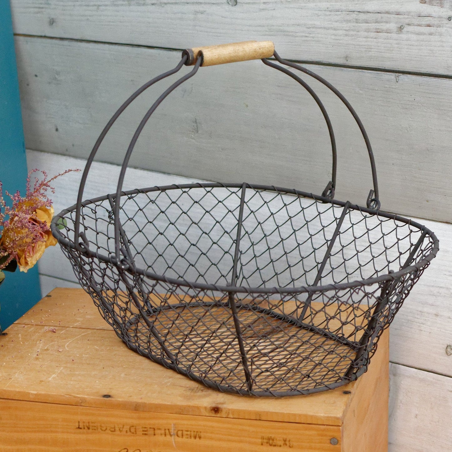 French Vintage Wire Harvest Basket with Wooden Handle