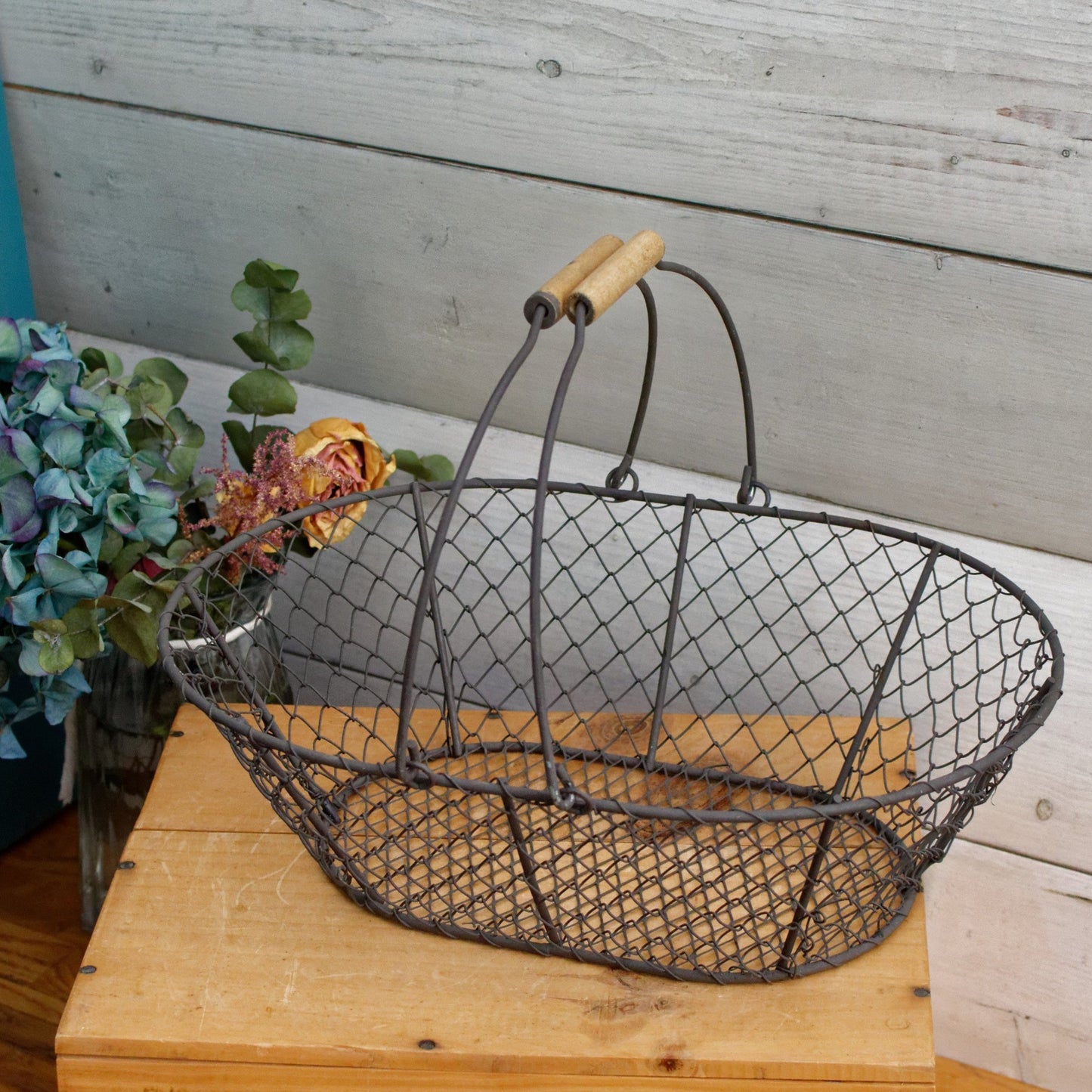 French Vintage Wire Harvest Basket with Wooden Handle