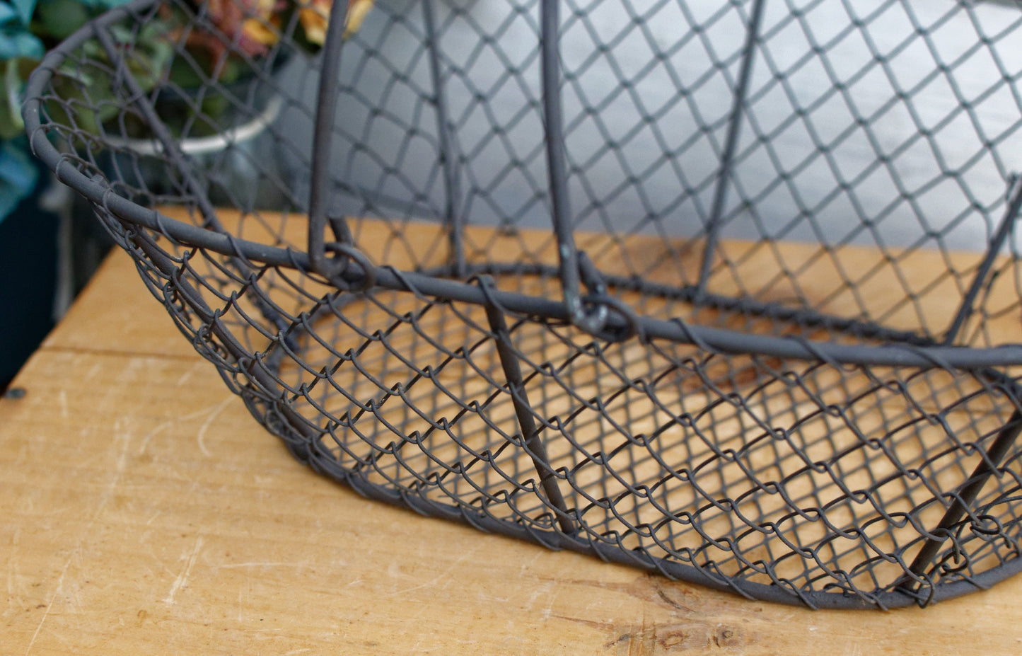 French Vintage Wire Harvest Basket with Wooden Handle