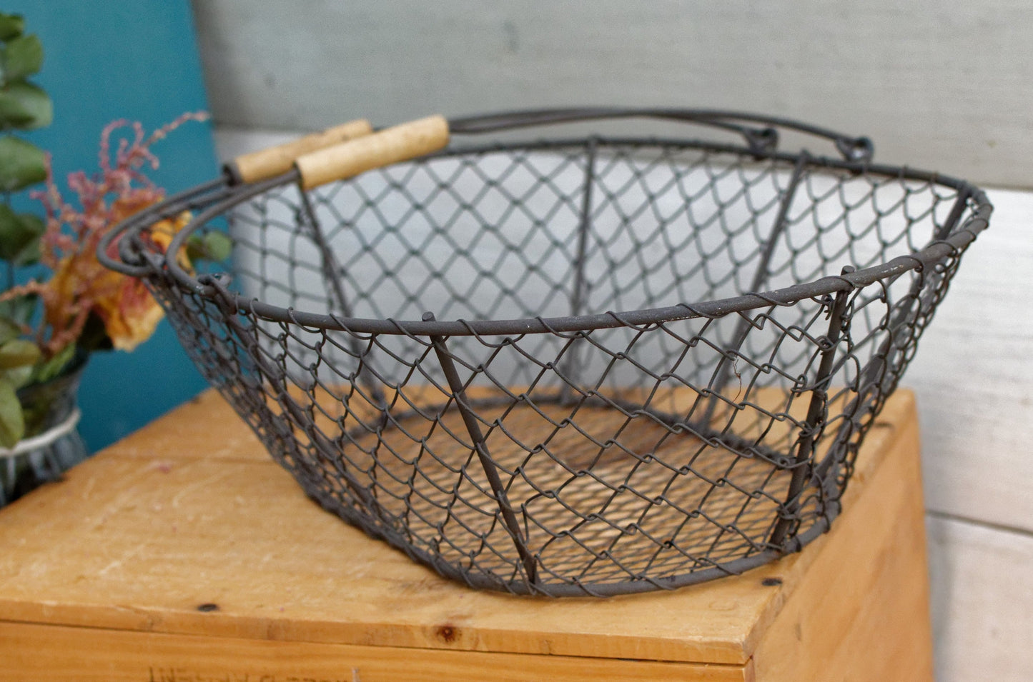 French Vintage Wire Harvest Basket with Wooden Handle