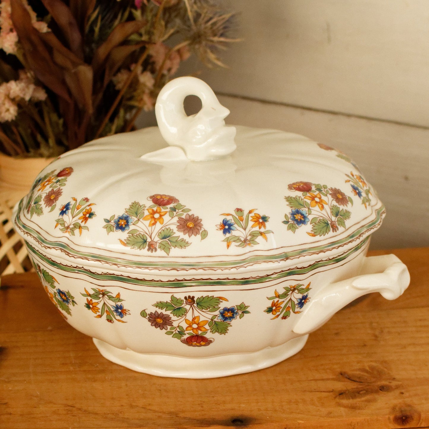 MOUSTIERS OLERYS GIEN French Vintage Ironstone PolyChrome Soup Tureen Soupiere Terre de Fer en Faience