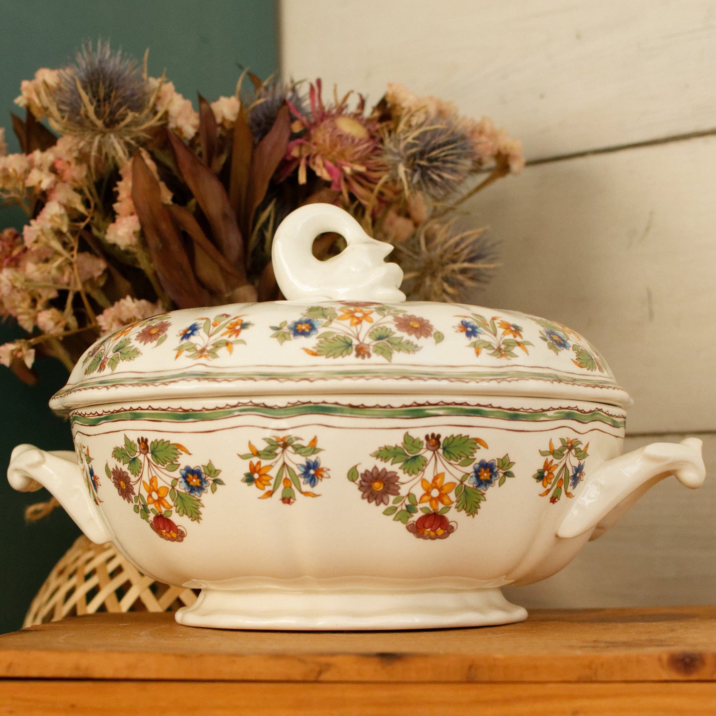 MOUSTIERS OLERYS GIEN French Vintage Ironstone PolyChrome Soup Tureen Soupiere Terre de Fer en Faience
