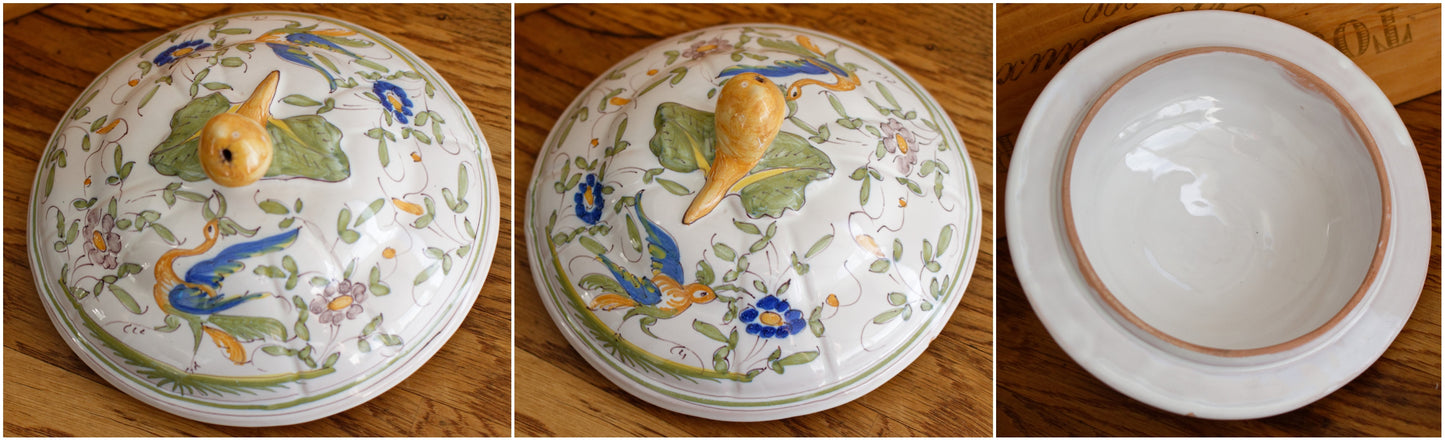 French Vintage Hand-Painted Collectible Ironstone MOUSTIERS Clery Soup Tureen Soupiere Terre de Fer en Faience