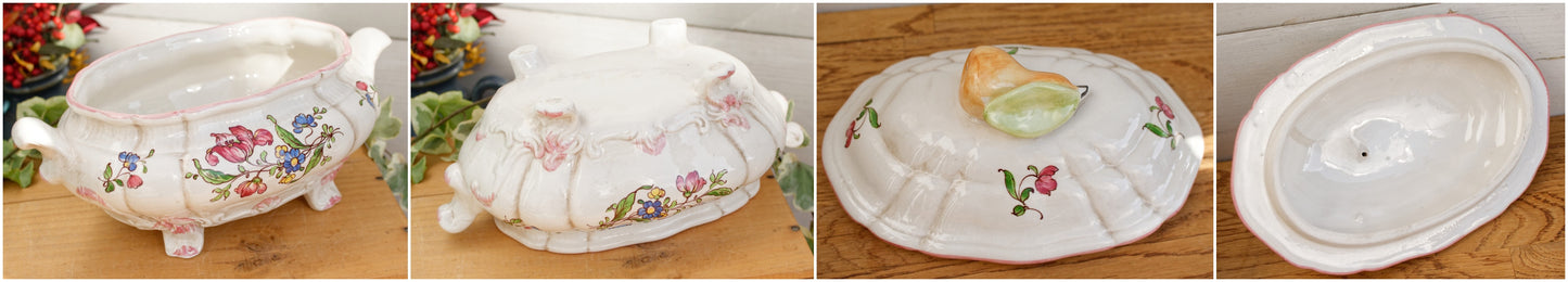 French Vintage MOUSTIERS Vieux Rouen Style Hand-Painted Faience Collectible Earthenware Covered Soup Tureen Soupiere Vegetable Dish Légumière Terre de Fer Pear and Leaf Cover Handle