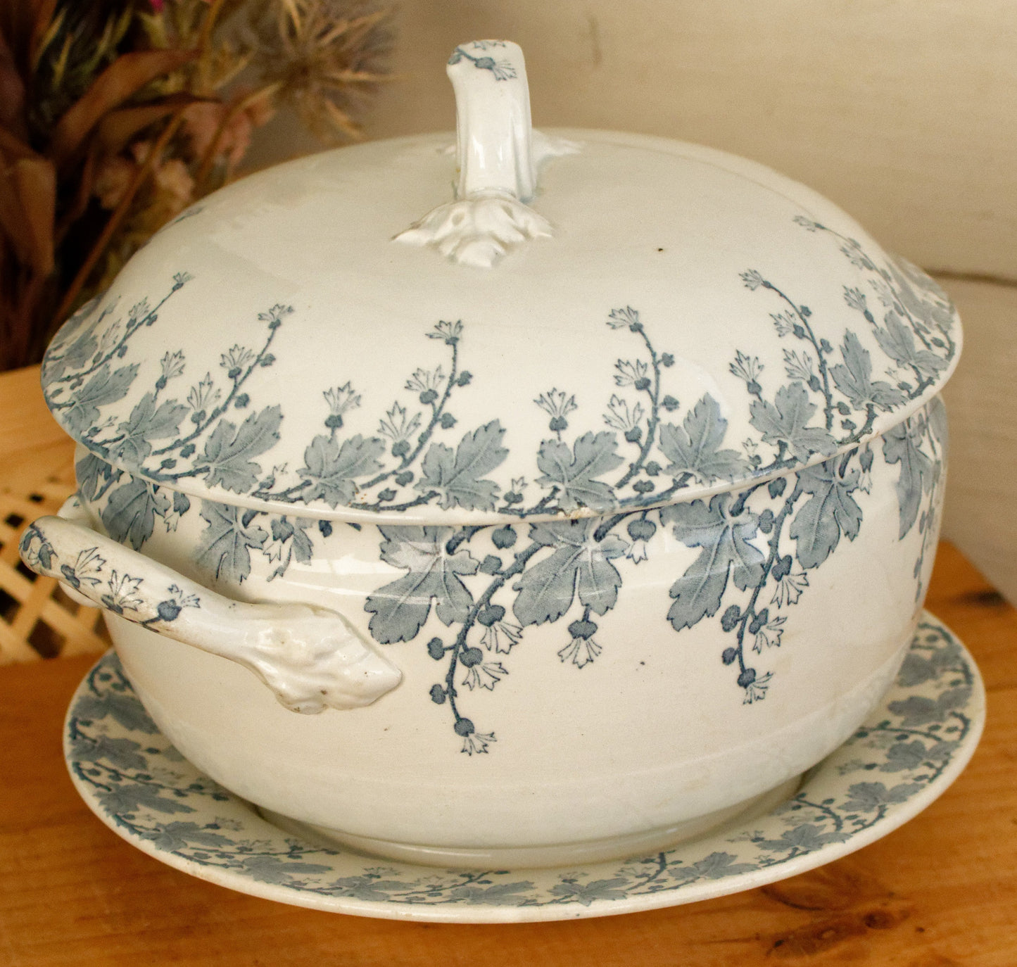 NEVA Motif K&G (Keller et Guérin) Lunéville French Antique Ironstone Blue Transferware Soup Tureen & Serving Plate Terre de Fer en Faience
