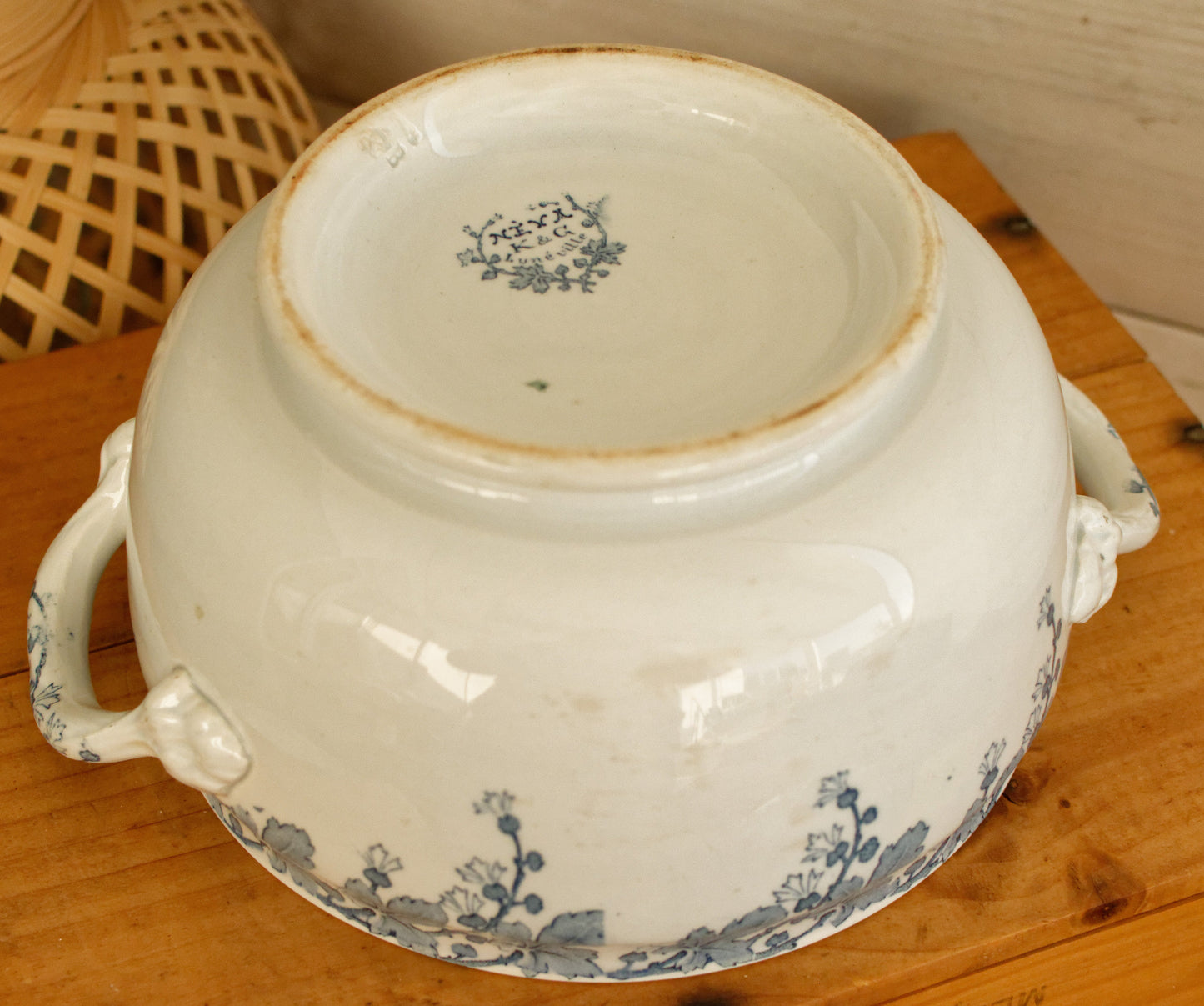 NEVA Motif K&G (Keller et Guérin) Lunéville French Antique Ironstone Blue Transferware Soup Tureen & Serving Plate Terre de Fer en Faience