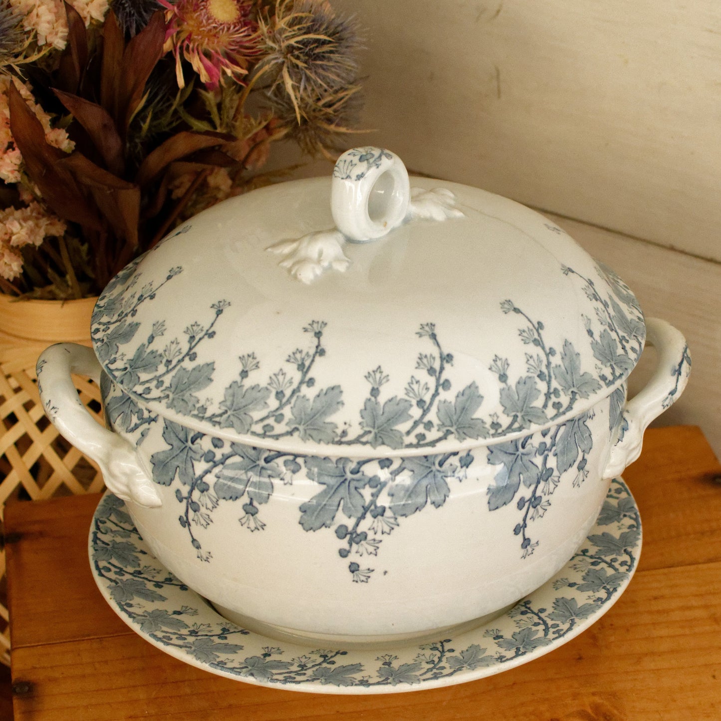 NEVA Motif K&G (Keller et Guérin) Lunéville French Antique Ironstone Blue Transferware Soup Tureen & Serving Plate Terre de Fer en Faience