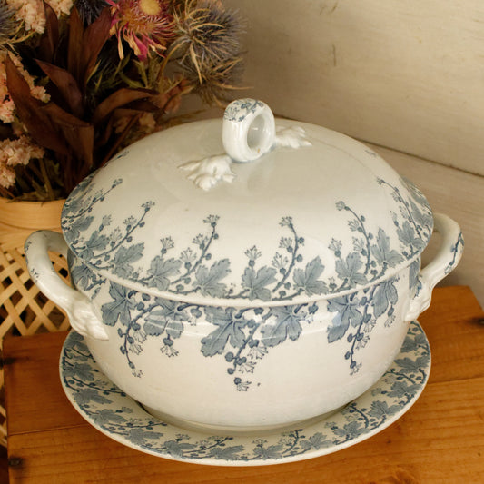 NEVA Motif K&G (Keller et Guérin) Lunéville French Antique Ironstone Blue Transferware Soup Tureen & Serving Plate Terre de Fer en Faience