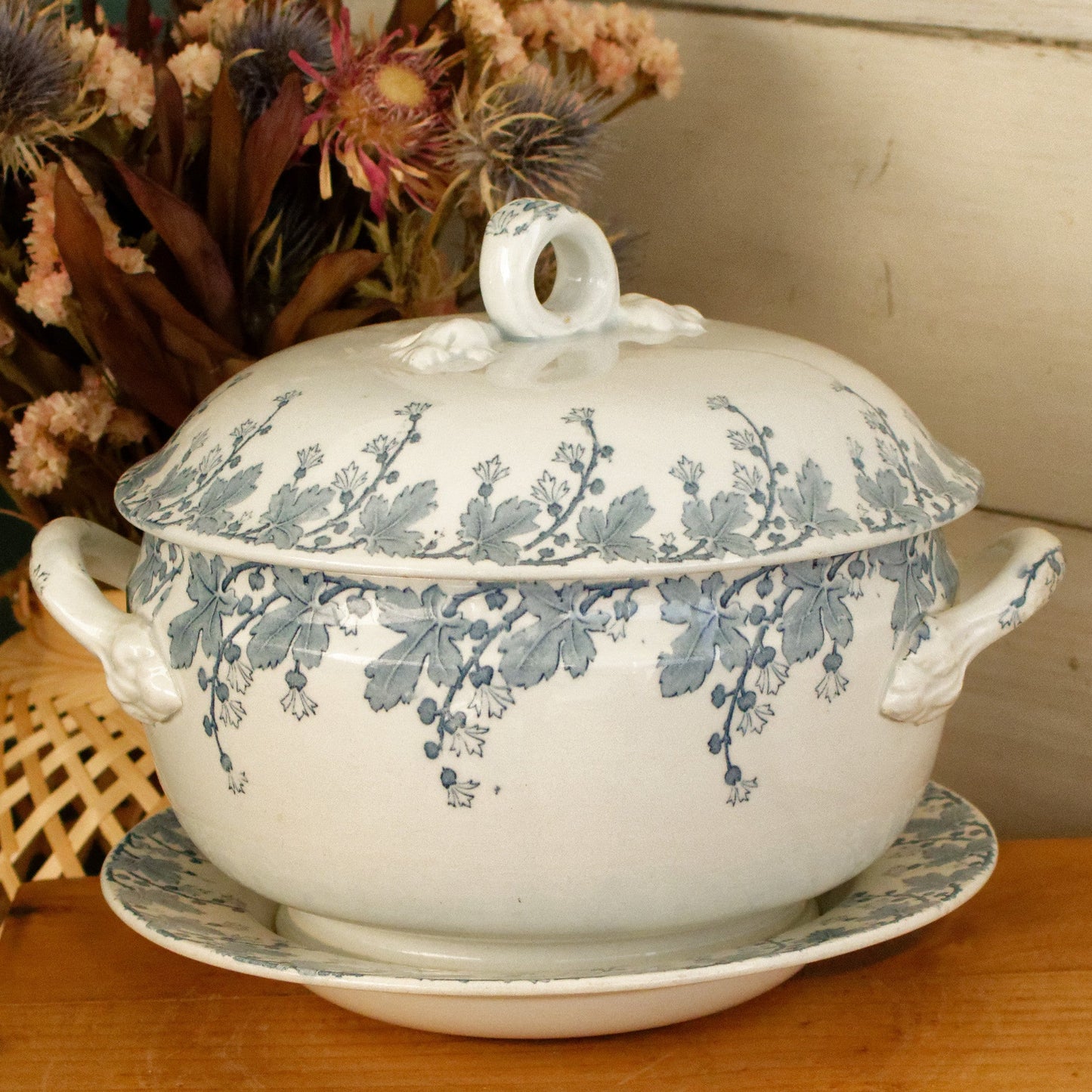 NEVA Motif K&G (Keller et Guérin) Lunéville French Antique Ironstone Blue Transferware Soup Tureen & Serving Plate Terre de Fer en Faience