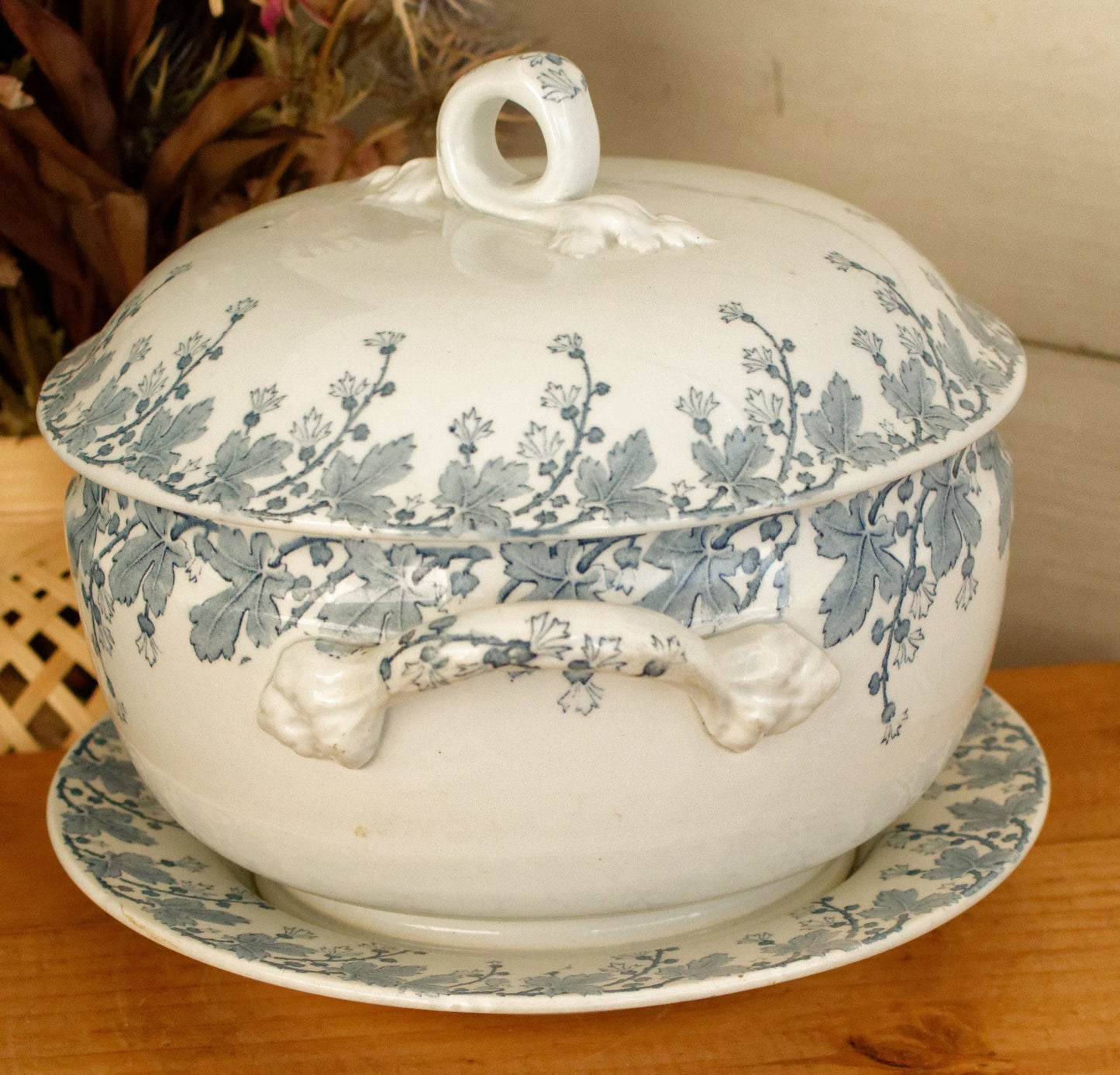 NEVA Motif K&G (Keller et Guérin) Lunéville French Antique Ironstone Blue Transferware Soup Tureen & Serving Plate Terre de Fer en Faience