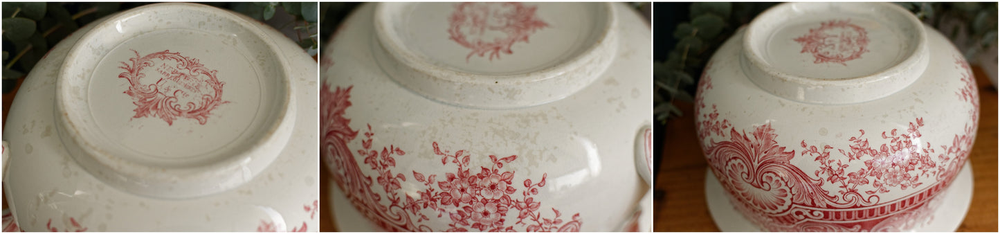 NEPTUNE Sarreguemines U&C French Antique Collectible Ironstone RED Transferware Bathroom Pitcher Pot de Chambre BROC CRUCHE Terre de fer en Faience
