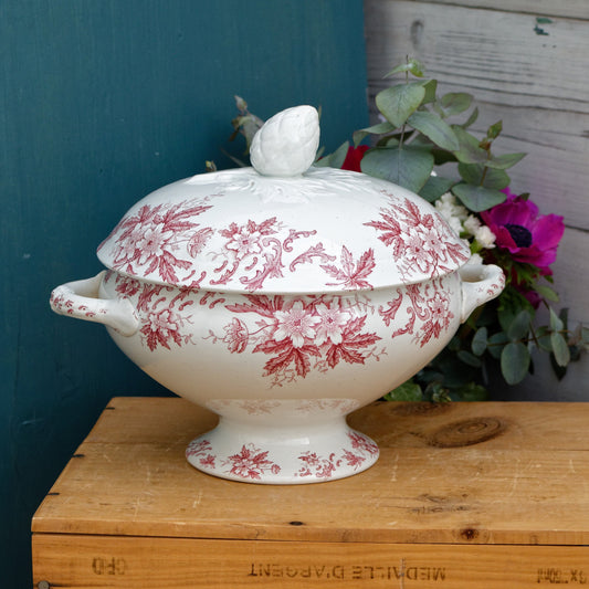French Antique Ironstone Red Transferware Soup Tureen Soupiere Terre de Fer en Faience