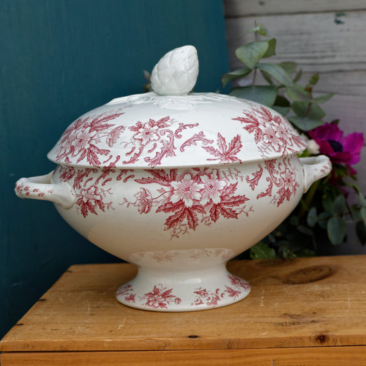 French Antique Ironstone Red Transferware Soup Tureen Soupiere Terre de Fer en Faience