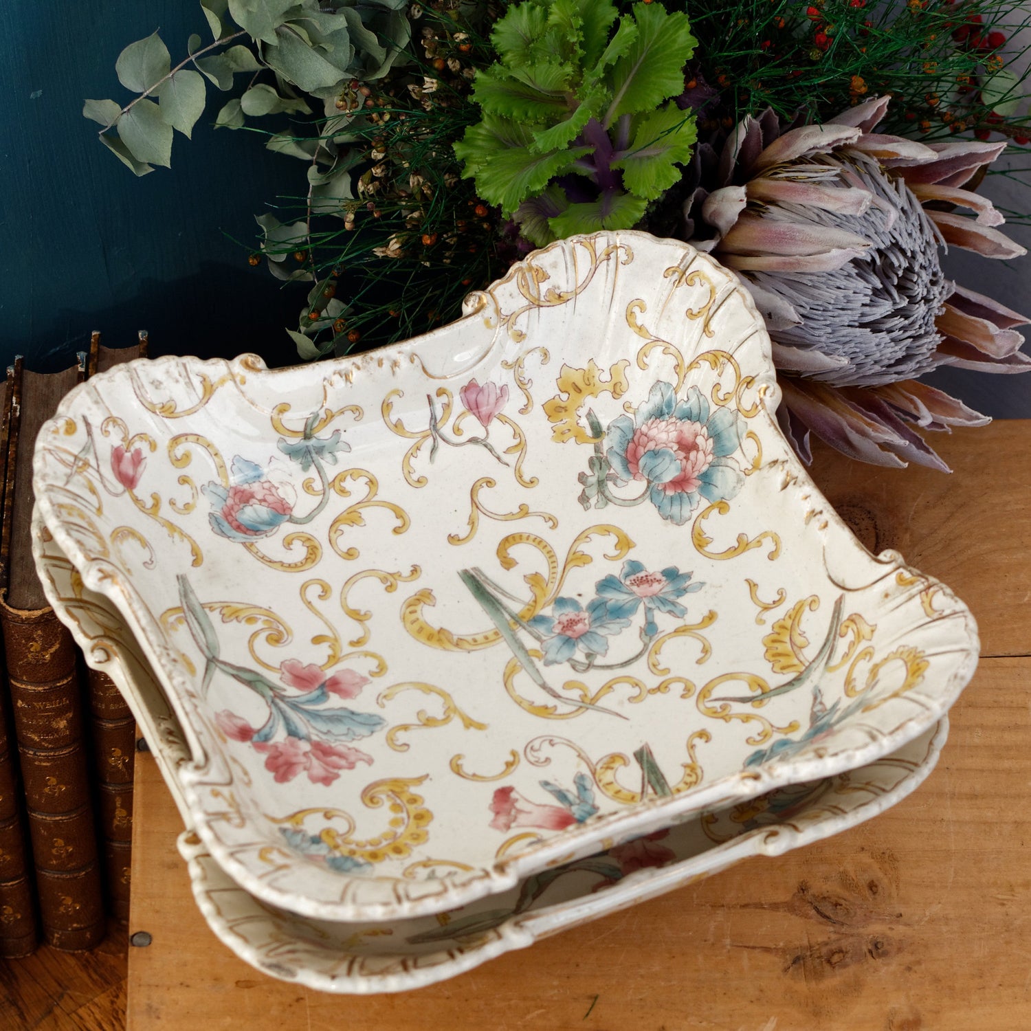 K&G (Keller et Guérin) Lunéville French Antique Ironstone Hand-Painted Square Footed Serving Dish Faience Terre de Fer