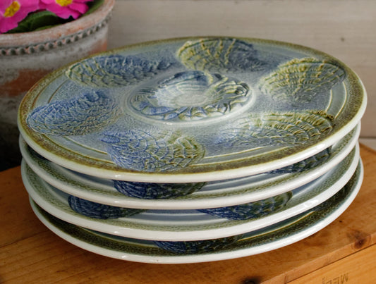 SARREGUEMINES France French Vintage BARBOTINE Majolica Blue Green Oyster Shellfish Huître Plate 6 Crab Shaped Wells