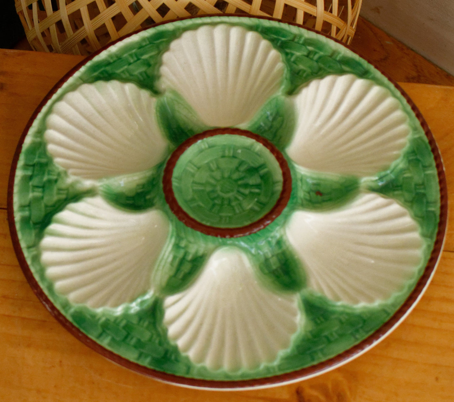 French Vintage BARBOTINE Majolica Green Cream Oyster Huître Shellfish Plate with 6 Wells Basket Weave Pattern Made in France