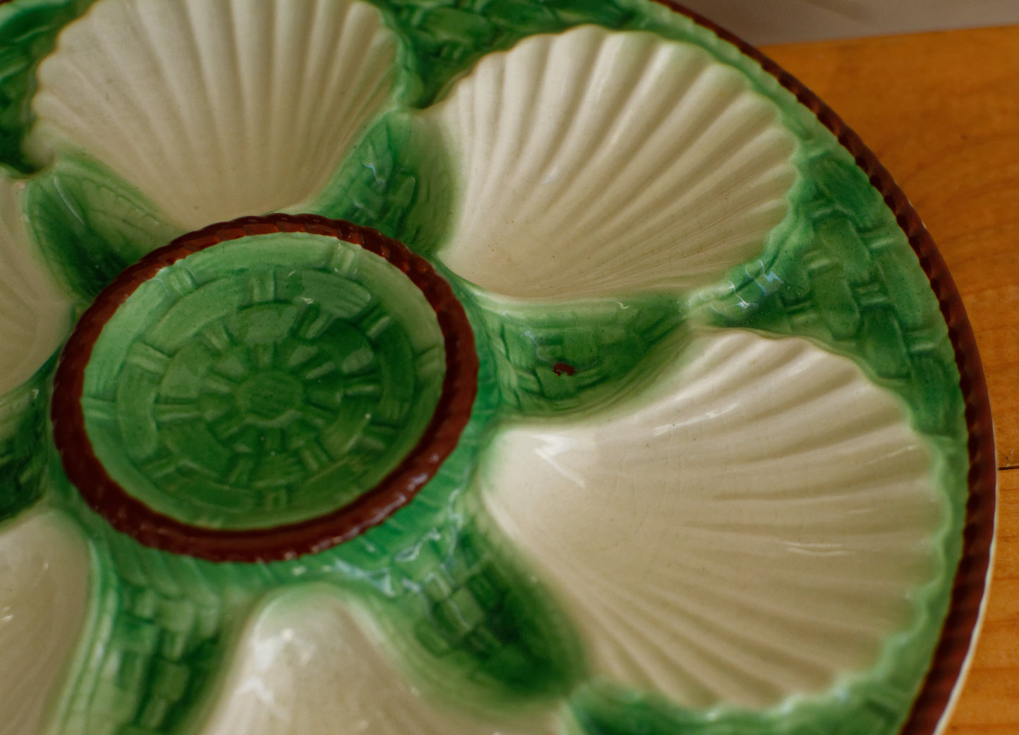 French Vintage BARBOTINE Majolica Green Cream Oyster Huître Shellfish Plate with 6 Wells Basket Weave Pattern Made in France