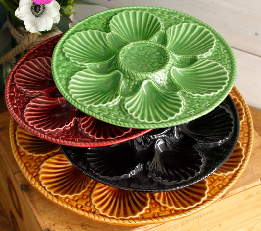French Vintage BARBOTINE Majolica Oyster Shellfish "Huître" Platter Plate with 6 & 12 Wells Basket Weave Pattern