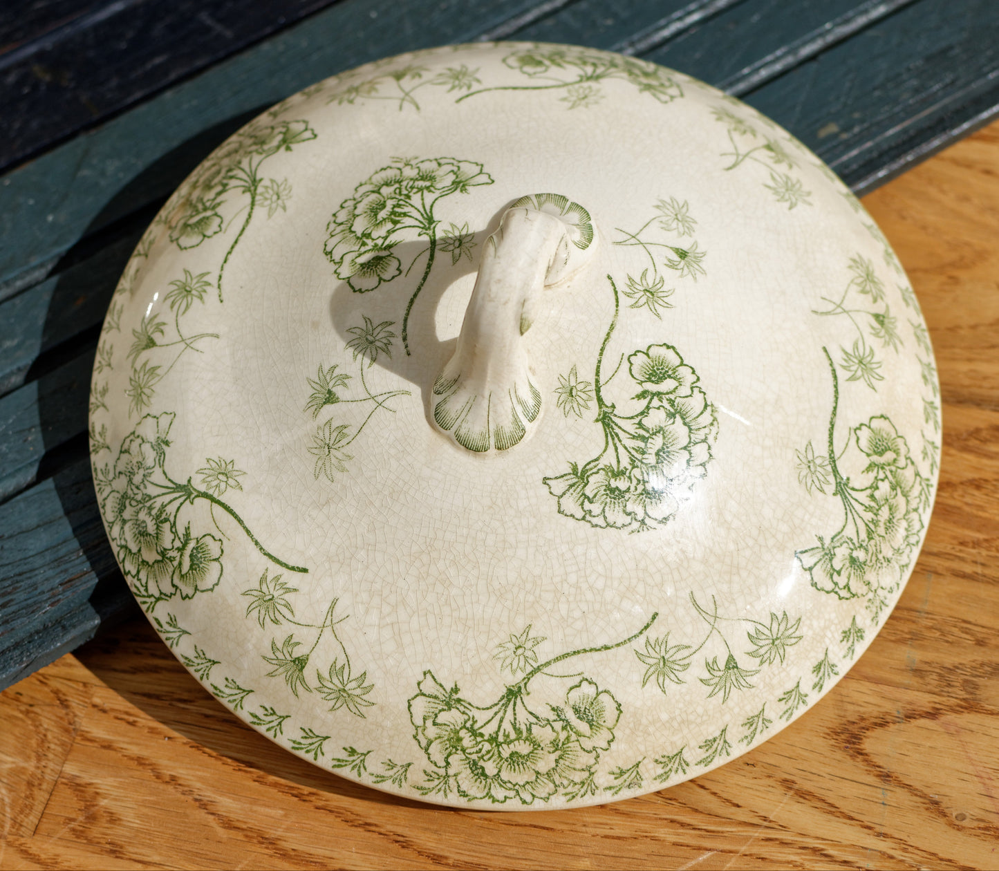 Sarreguemines UC Palymre Motif Soup Tureen Soupiere French Antique Ironstone Terre de Fer Faience Green Transferware