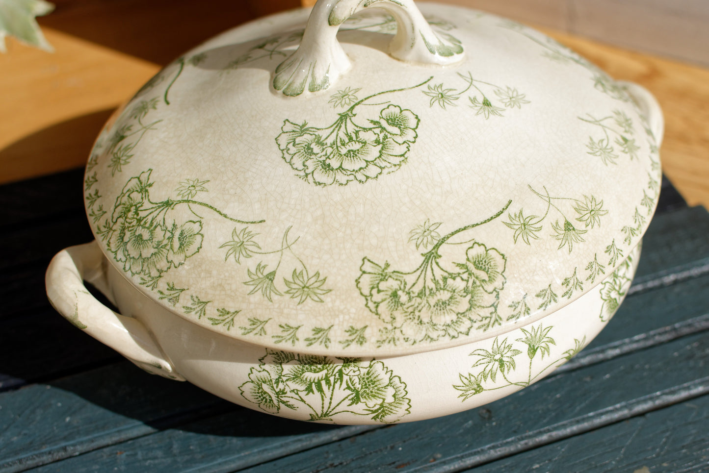 Sarreguemines UC Palymre Motif Soup Tureen Soupiere French Antique Ironstone Terre de Fer Faience Green Transferware