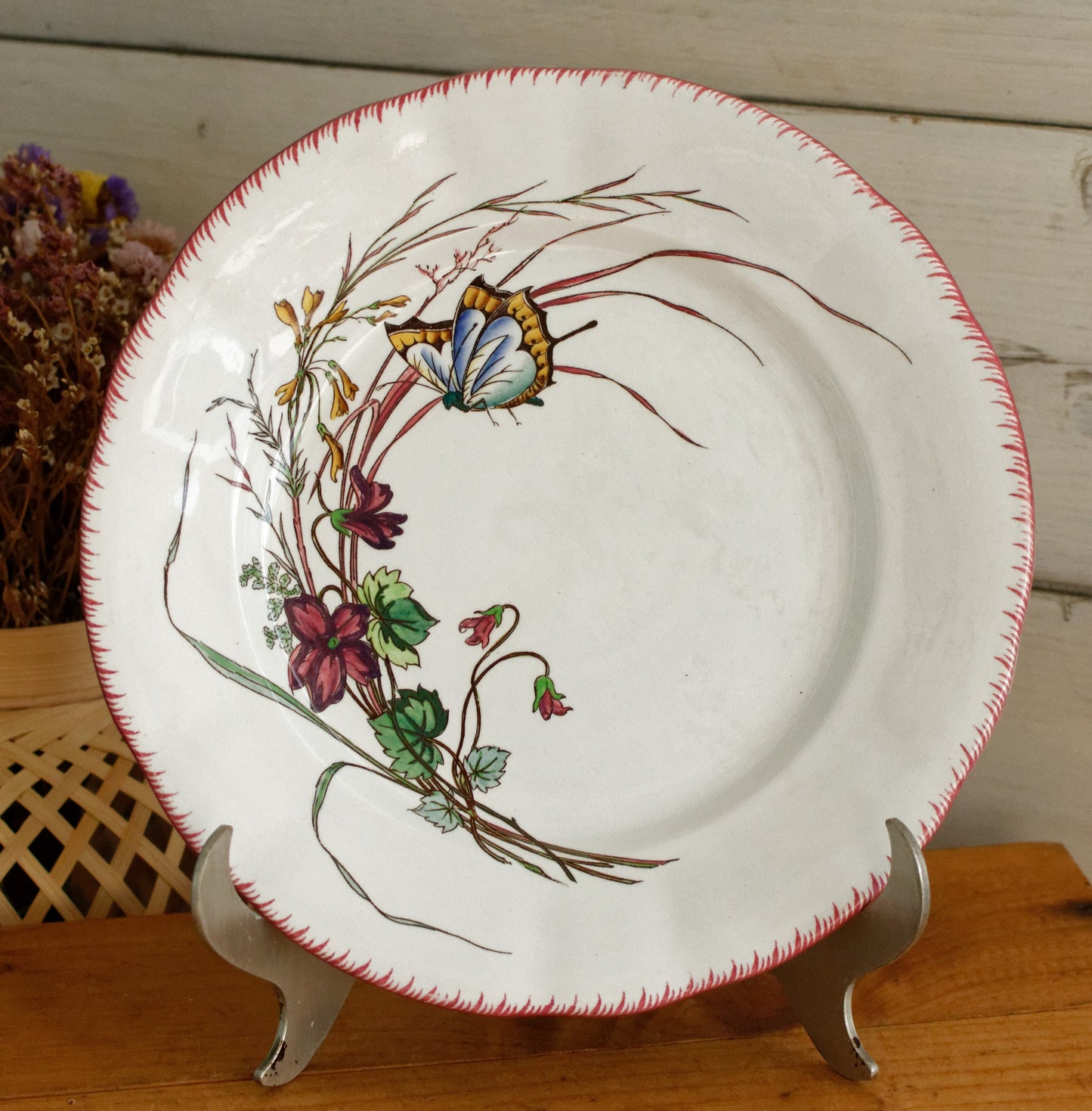 PAPILLON Sarreguemines U&C French Antique Ironstone Polychrome Dinner Plate Terre de Fer Faience Butterfly