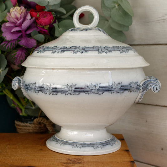 VILLEROY & BOCH Mettlach Geschirr PERLEN French German Vintage Ironstone Blue Transferware Soup Tureen Soupière Terre de Fer Faience
