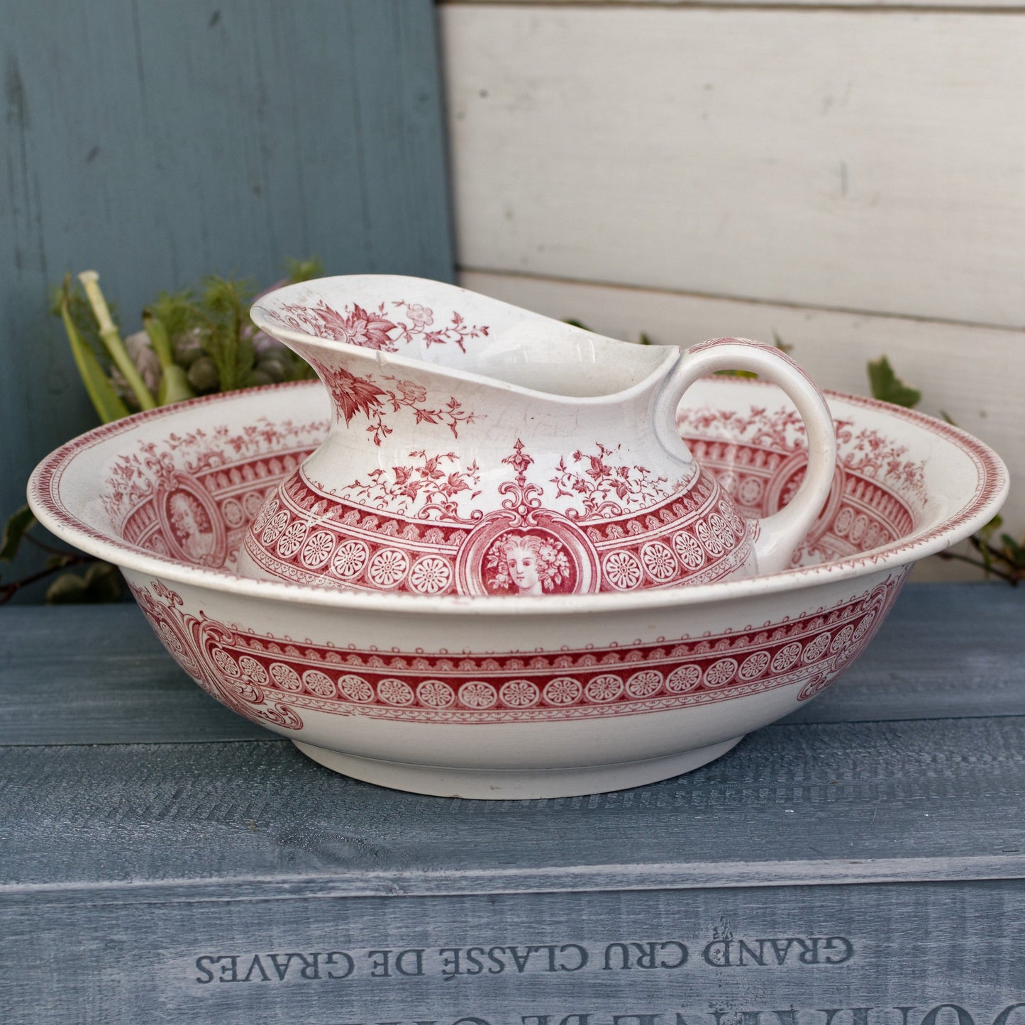 PARISA Sarreguemines U&C French Antique Collectible Ironstone Red Transferware Bathroom Set Pitcher BROC & Basin CUVETTE Terre de fer