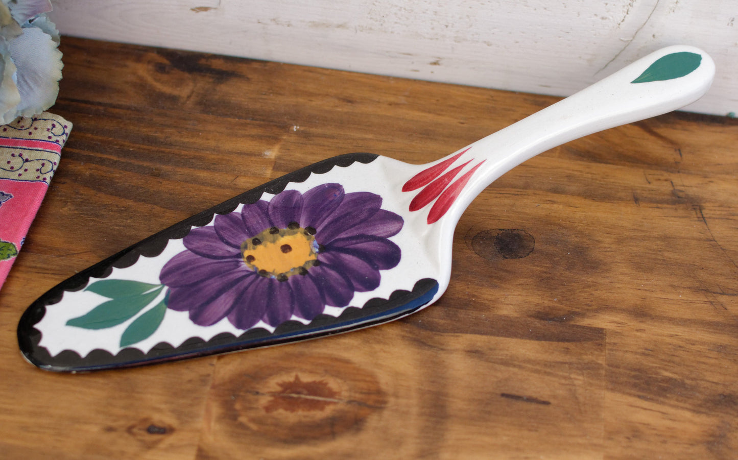 French Vintage Hand-Painted Floral Porcelain Pie Cake Serving Piece ~ Faience Terre de Fer
