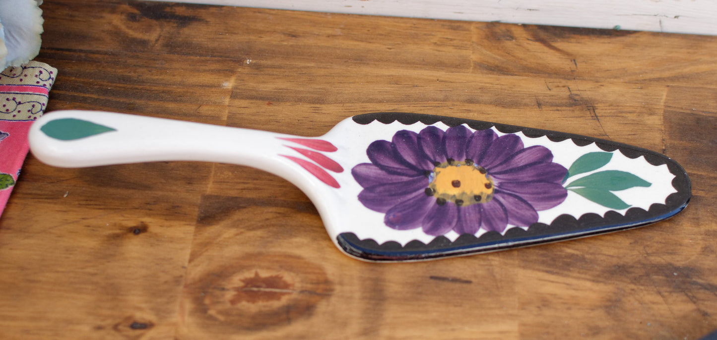 French Vintage Hand-Painted Floral Porcelain Pie Cake Serving Piece ~ Faience Terre de Fer