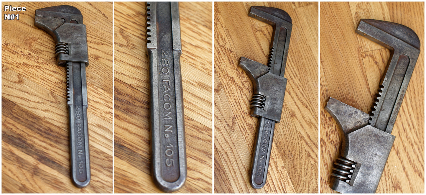 Antique Adjustable Pipe Wrench FACOM WAKEFIELD'S GEDORE Vintage Forged Steel Clé a Cremaillaire Molette Farmhouse Manual Tool