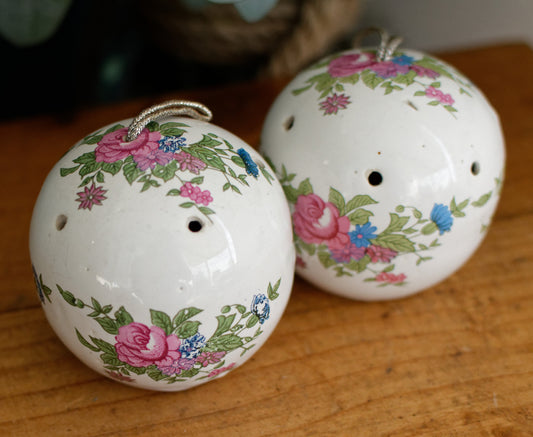 French Vintage Fine Porcelain POMANDER Ceramic Hanging Potpourri Scented Diffuser Balls Set of 2 Floral Ornaments