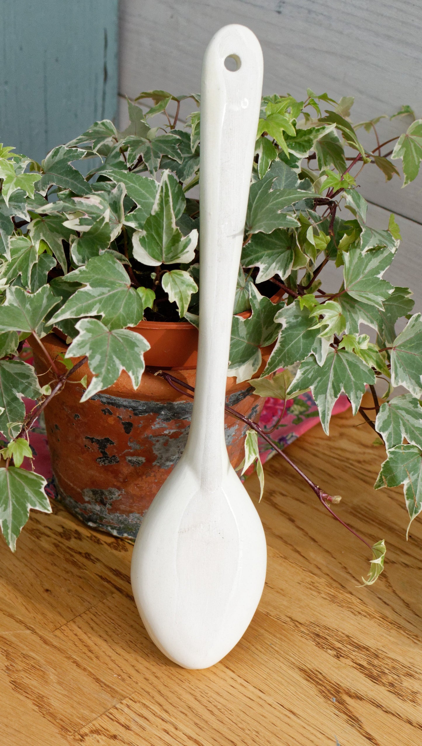 French Vintage Floral Porcelain Large Serving Spoon Hand-Painted Hanging Spoon Cuillère de Service Faience Terre de Fer