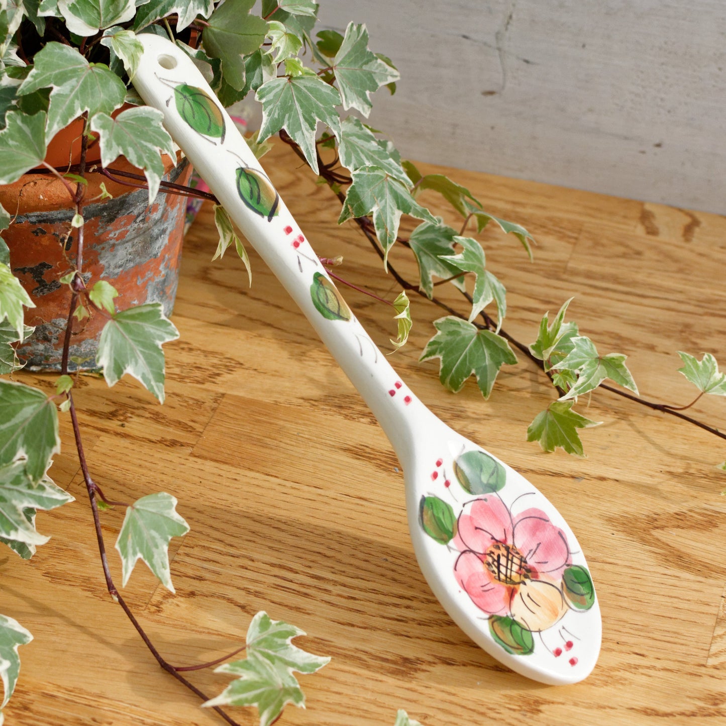 French Vintage Floral Porcelain Large Serving Spoon Hand-Painted Hanging Spoon Cuillère de Service Faience Terre de Fer
