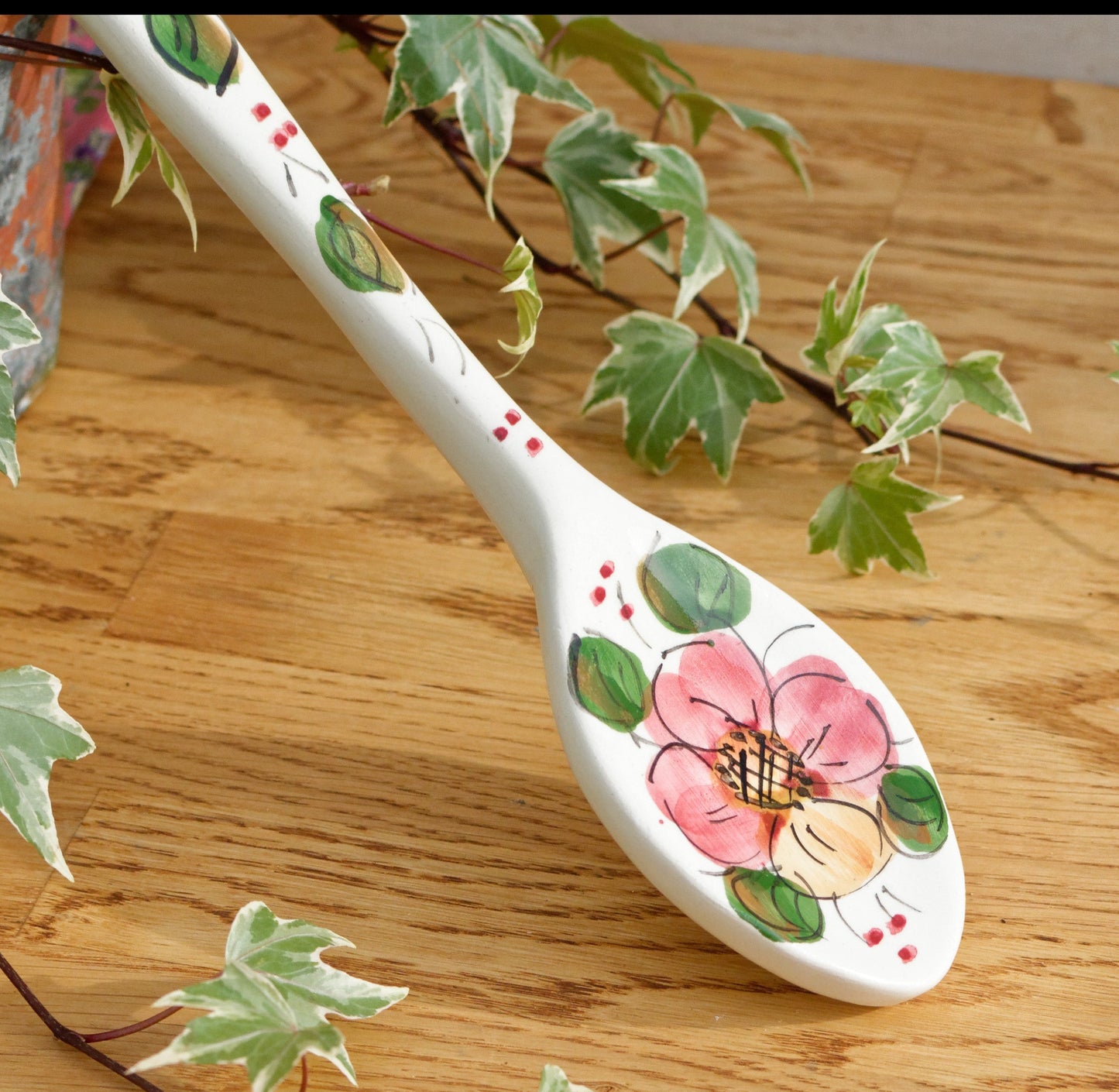 French Vintage Floral Porcelain Large Serving Spoon Hand-Painted Hanging Spoon Cuillère de Service Faience Terre de Fer