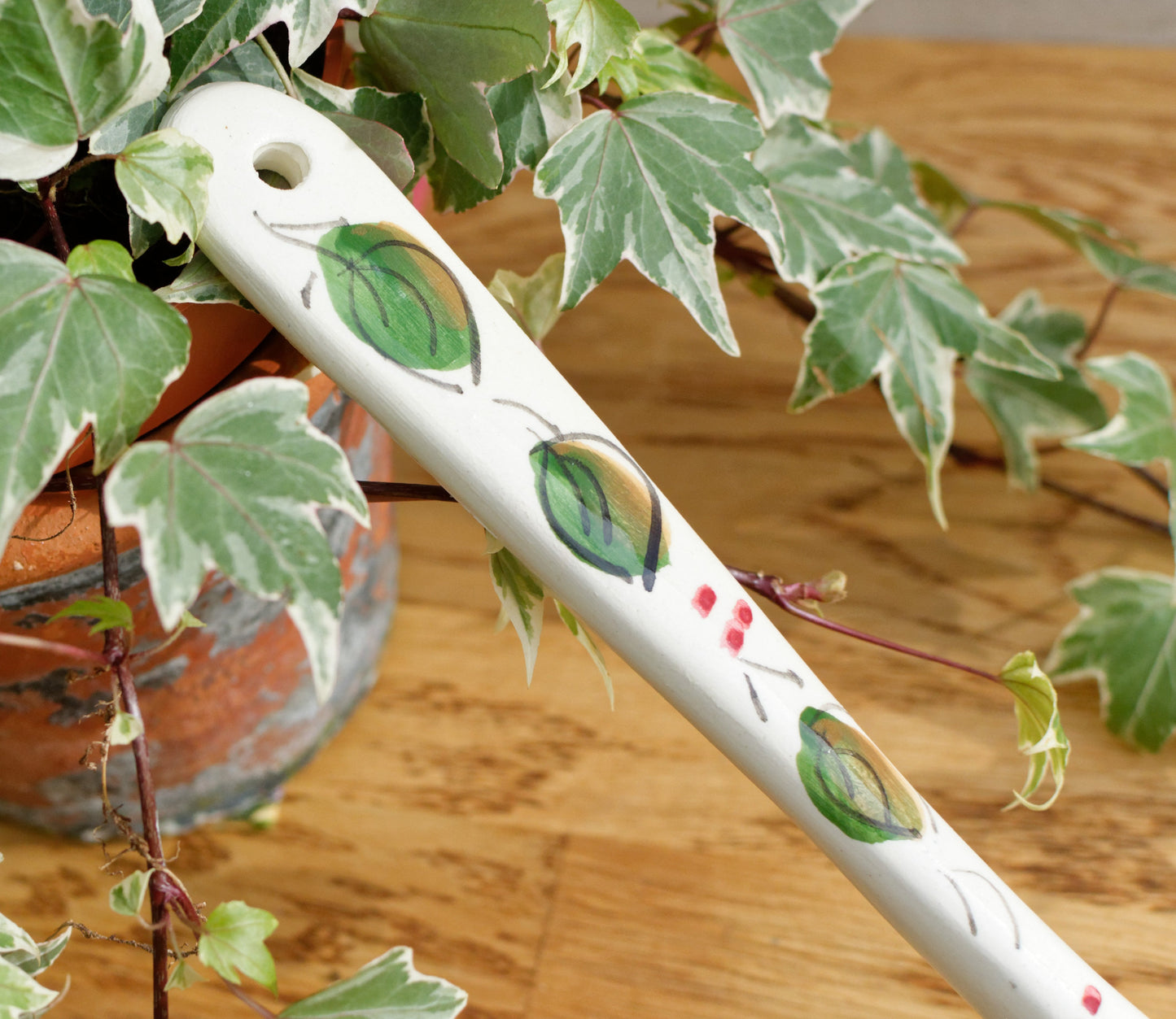 French Vintage Floral Porcelain Large Serving Spoon Hand-Painted Hanging Spoon Cuillère de Service Faience Terre de Fer