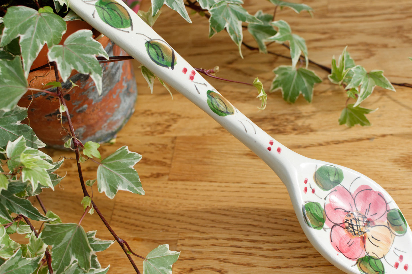 French Vintage Floral Porcelain Large Serving Spoon Hand-Painted Hanging Spoon Cuillère de Service Faience Terre de Fer