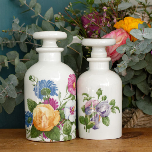 French Vintage Fine Porcelain Porcelaine de Paris, FRANCE Set of 2 Bathroom Cosmetic Vanity Bottles w/ Cap Flacon Toilette Décor Floral