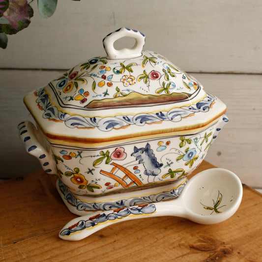 Portuguese Vintage Collectible Ceramica Ironstone Handpainted Covered Sauce Pot Gravy Pot & Spoon Ladle "Louche" Set