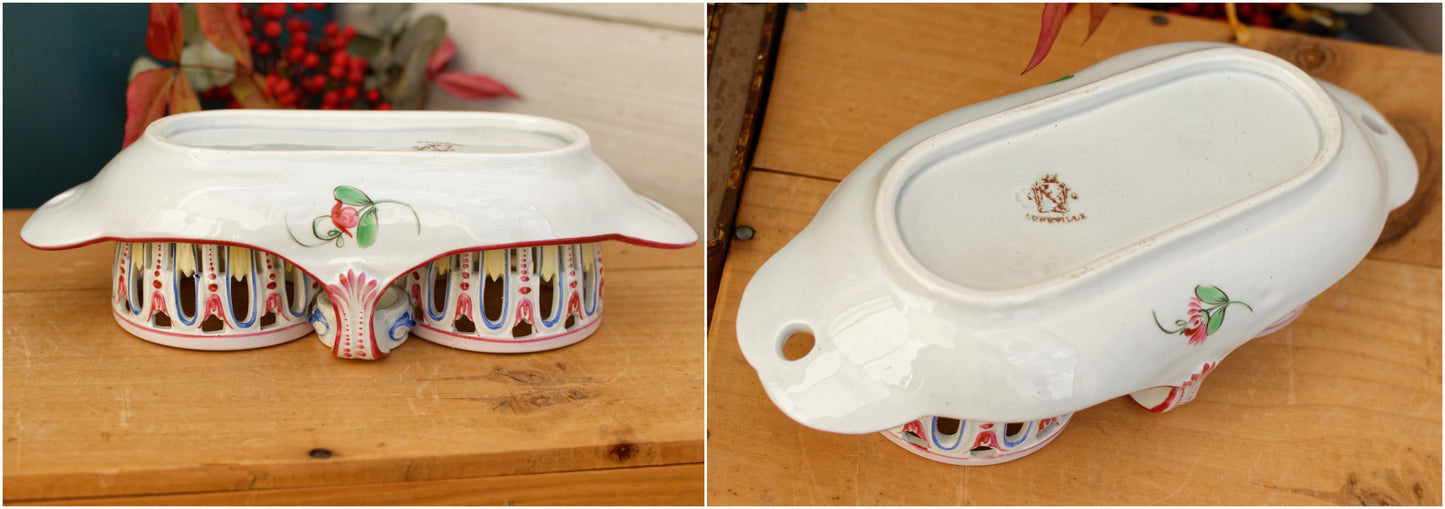 1930s ~ "Reverbere" K&G (Keller et Guérin) Lunéville ~ French Antique Ironstone Hand-Painted Olive Oil & Vinegar Serving Set ~ Faience Terre de Fer