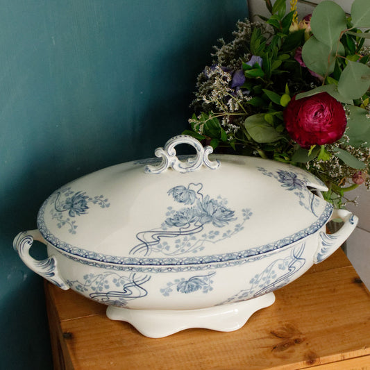 ROYAT Motif Sarreguemines U&C Blue Transferware French Ironstone Oval Soup Tureen Soupiere Faience Terre de fer