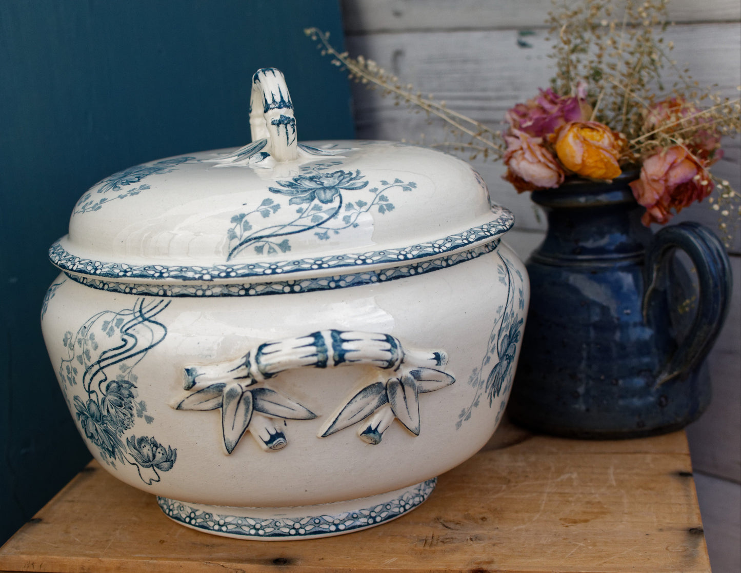 1920s ROYAT Sarreguemines U&C French Antique Ironstone Blue Transferware Soup Tureen Soupiere Terre de Fer