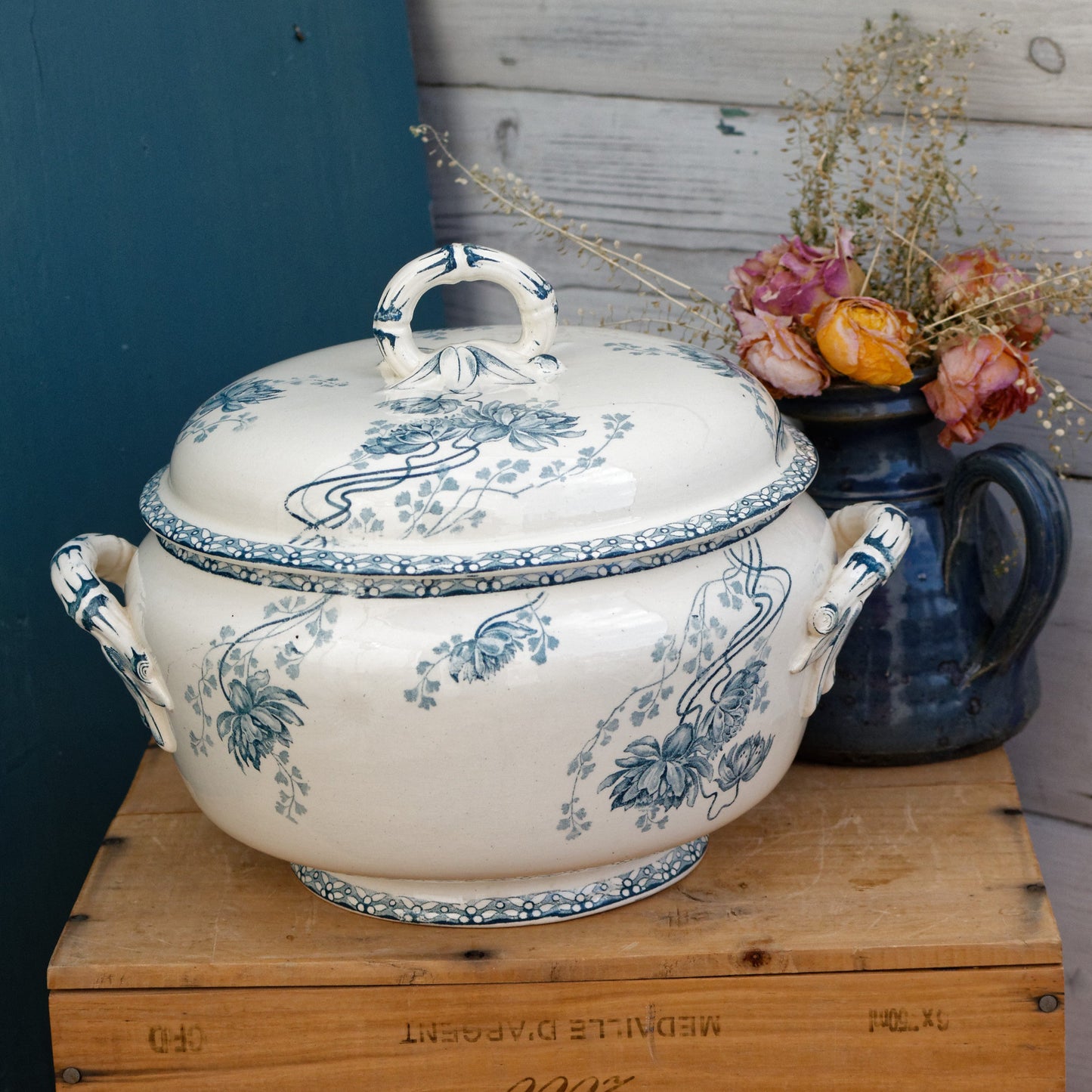 1920s ROYAT Sarreguemines U&C French Antique Ironstone Blue Transferware Soup Tureen Soupiere Terre de Fer