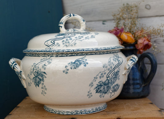 1920s ROYAT Sarreguemines U&C French Antique Ironstone Blue Transferware Soup Tureen Soupiere Terre de Fer