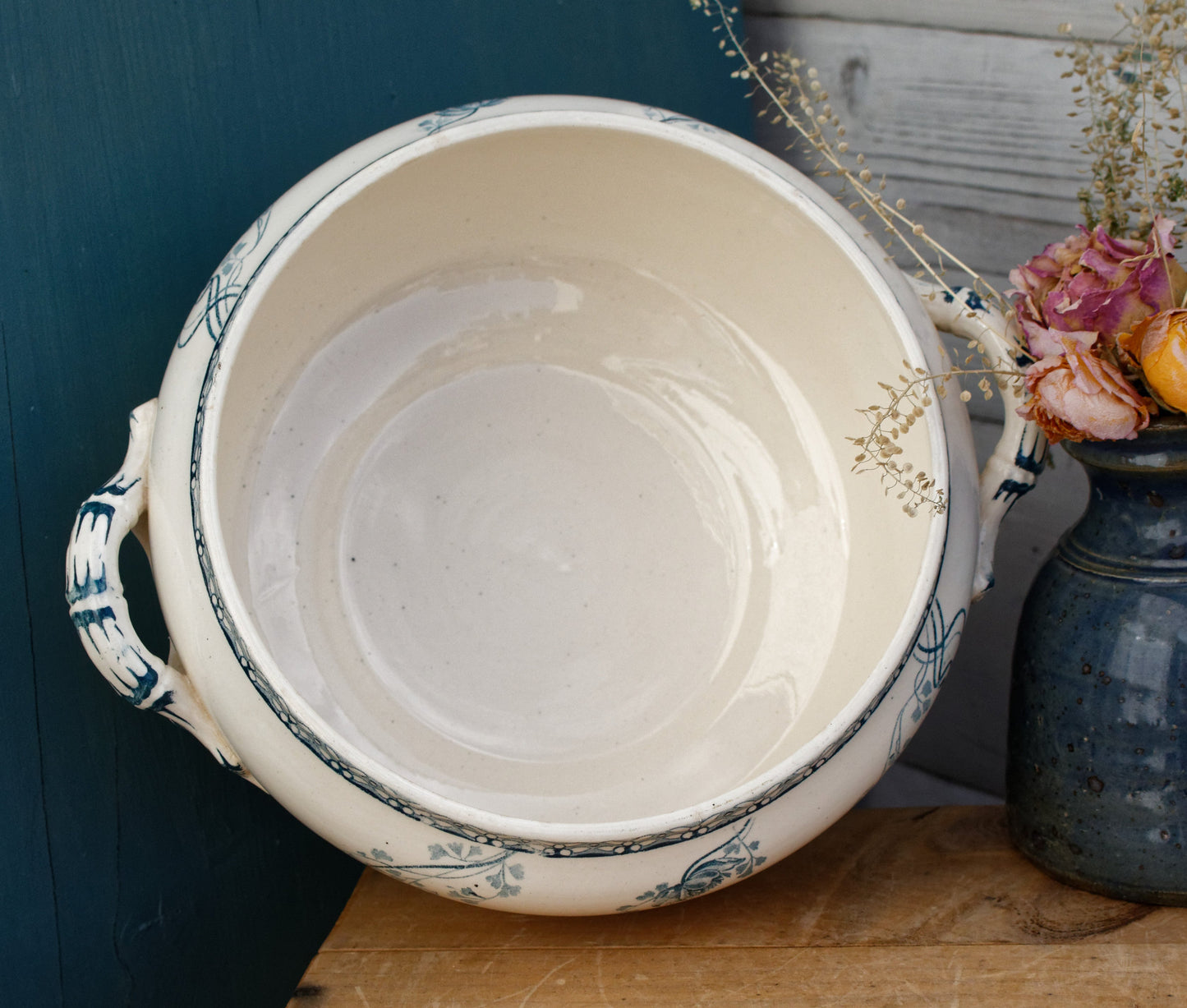 1920s ROYAT Sarreguemines U&C French Antique Ironstone Blue Transferware Soup Tureen Soupiere Terre de Fer