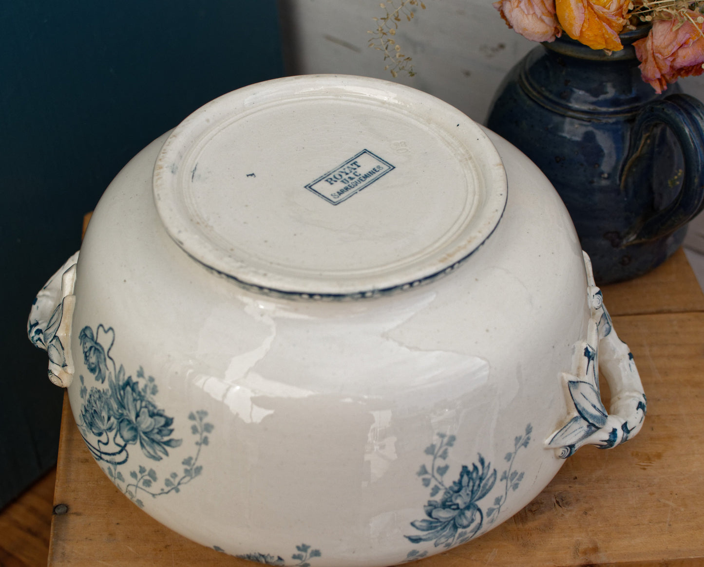1920s ROYAT Sarreguemines U&C French Antique Ironstone Blue Transferware Soup Tureen Soupiere Terre de Fer