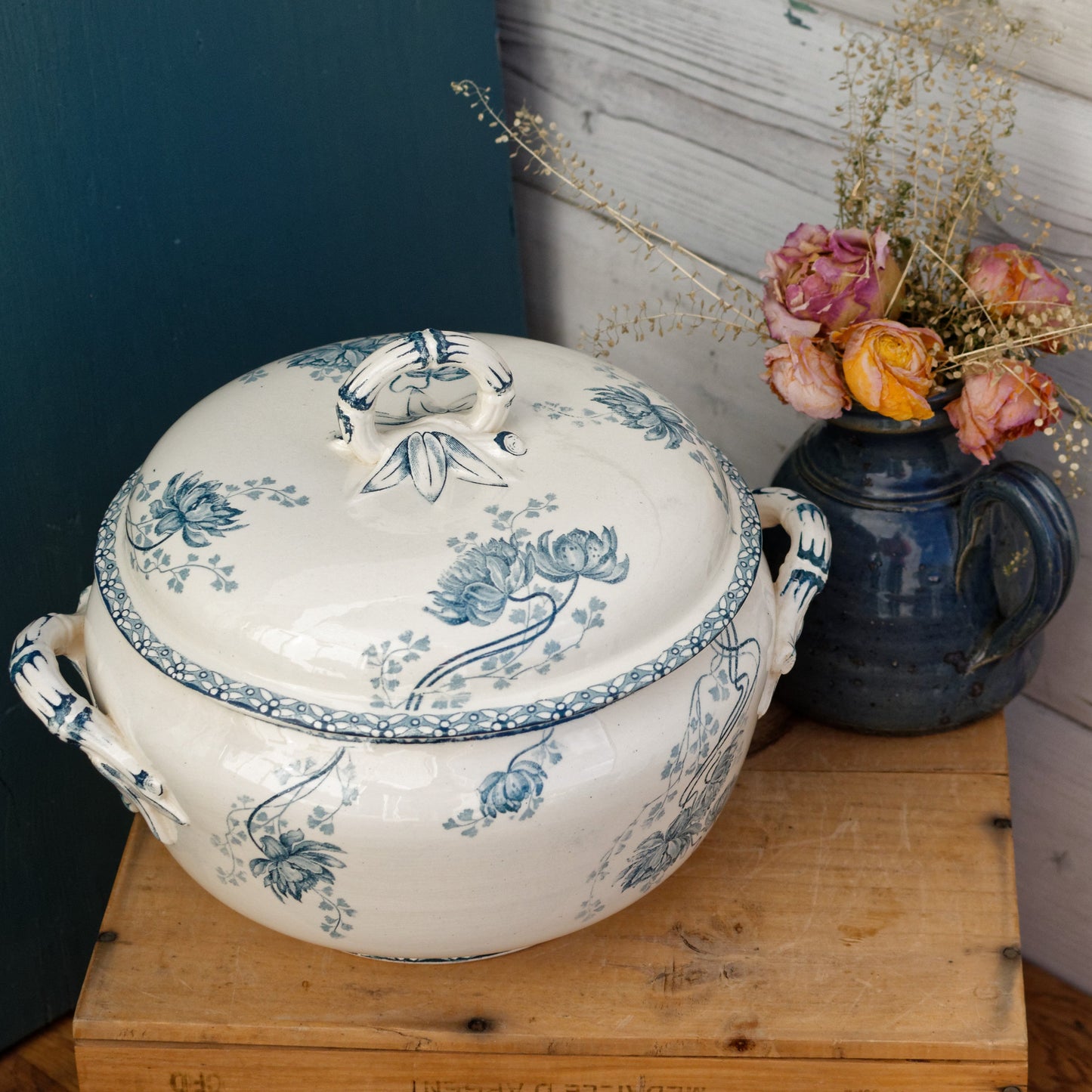 1920s ROYAT Sarreguemines U&C French Antique Ironstone Blue Transferware Soup Tureen Soupiere Terre de Fer
