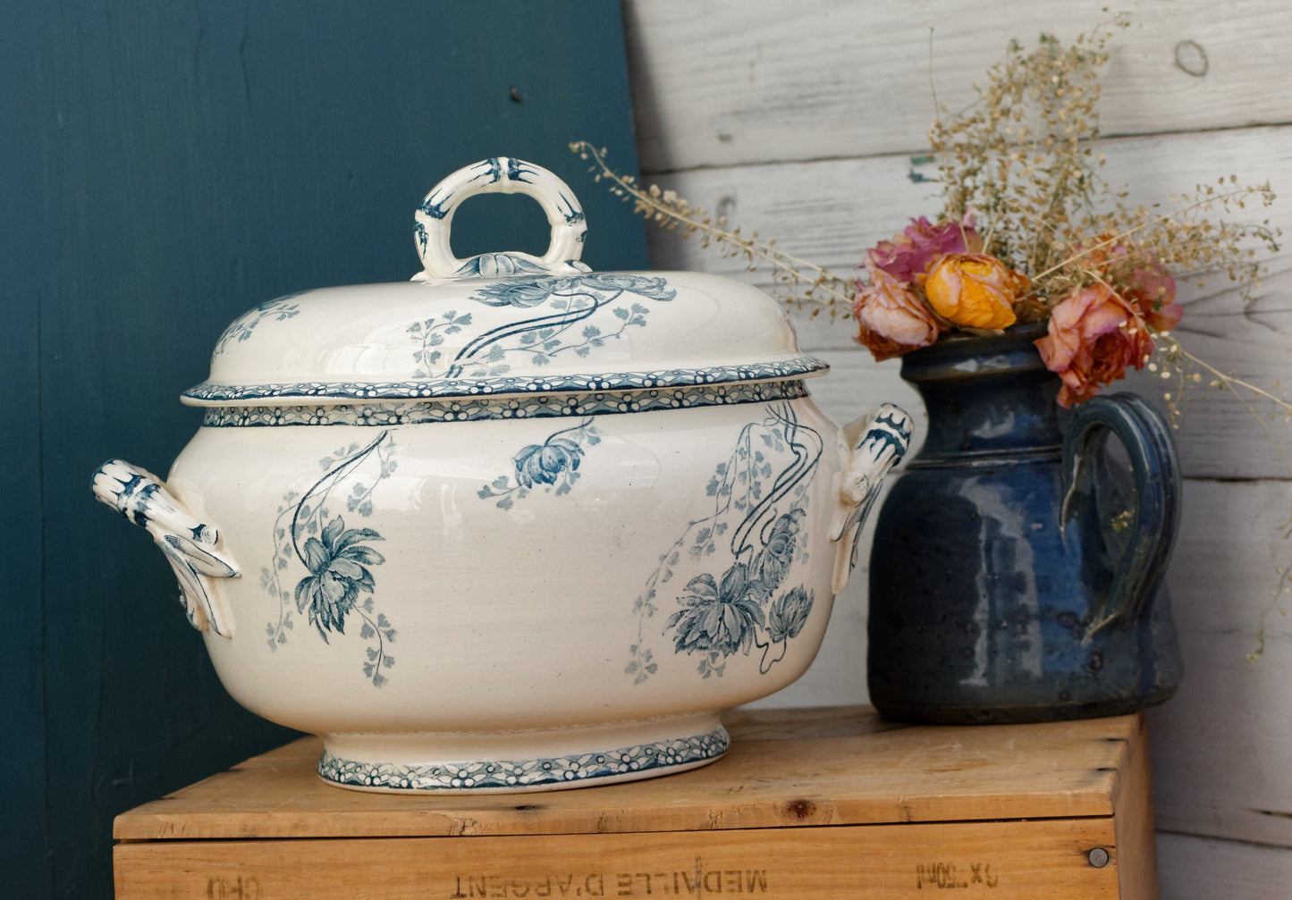 1920s ROYAT Sarreguemines U&C French Antique Ironstone Blue Transferware Soup Tureen Soupiere Terre de Fer