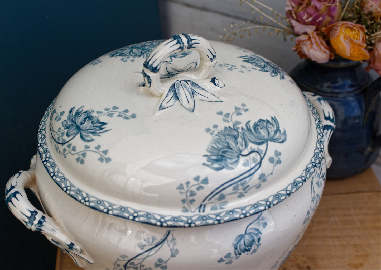 1920s ROYAT Sarreguemines U&C French Antique Ironstone Blue Transferware Soup Tureen Soupiere Terre de Fer
