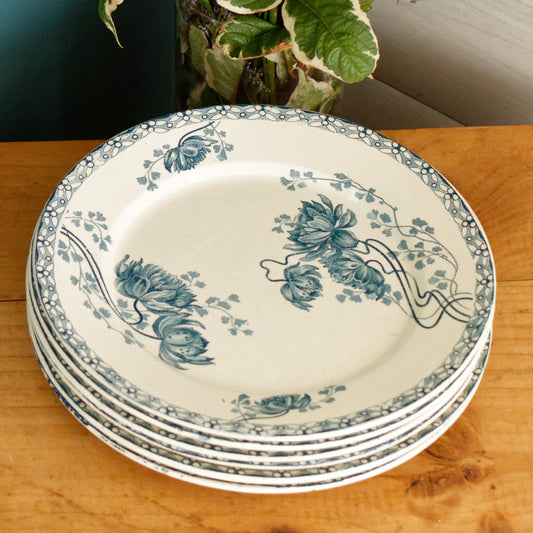 1900年代~「ROYAT」 SARREGUEMINES U&C~フランスアンティーク アイアンストーンブルー トランスファーウェア ディナープレート~テール・ド・フェール